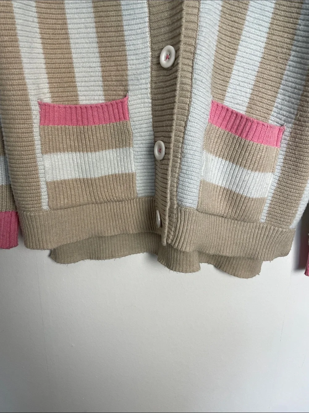 Kerri Rosenthal Striped V-Neck Button Pockets L Cardigan Pink Accents Sweater